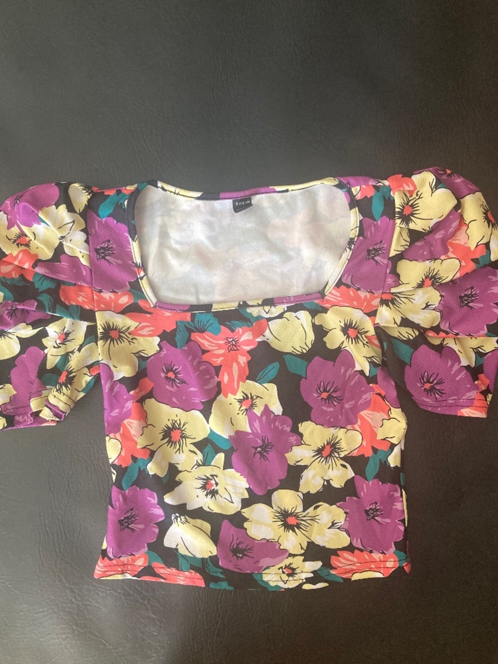 New SHEIN black purple yellow floral puffy sleeves crop top xs